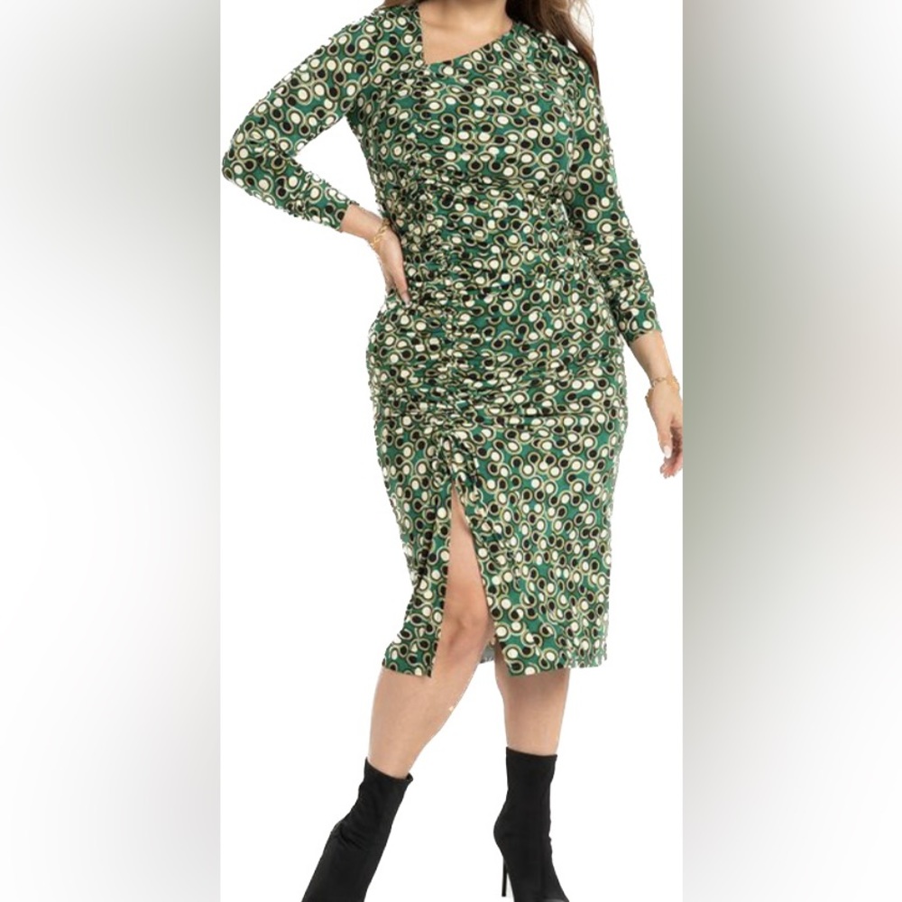 Green Ruched Dress With Slit